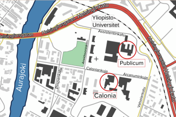 Kartta, johon on merkitty Calonia-rakennus ja Publicum-rakennus