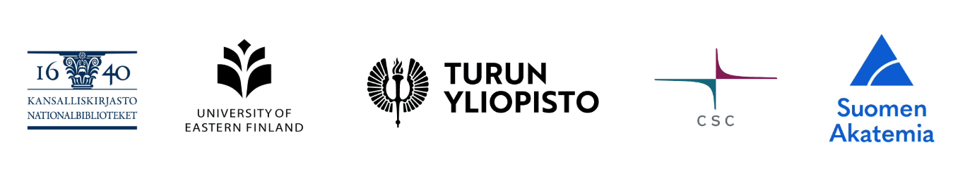 The logos of National Library of Finland, University of Eastern Finland, University of Turku, CSC, and Research Council of Finland.