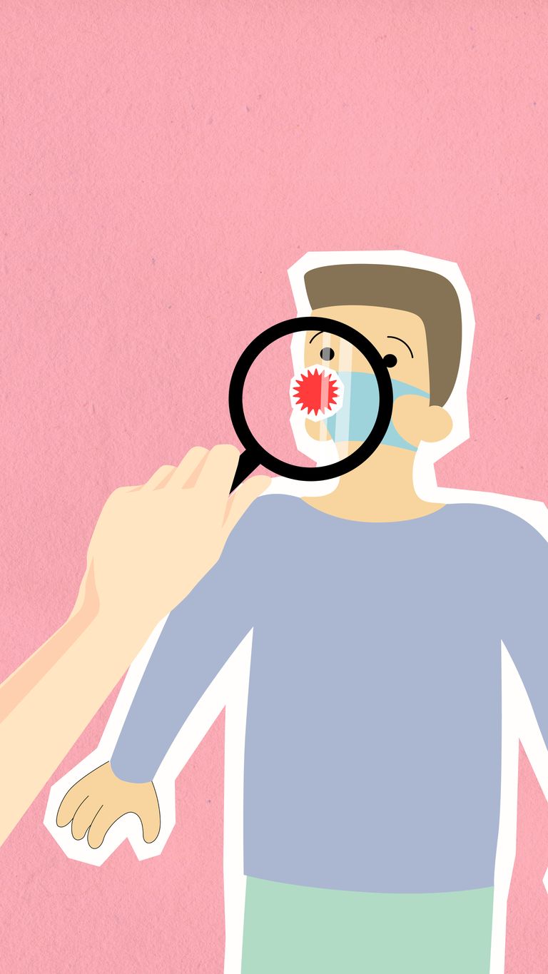 Decorative paper illustration representing hand of medic with magnifying glass examining patient with virus on face mask on pink background