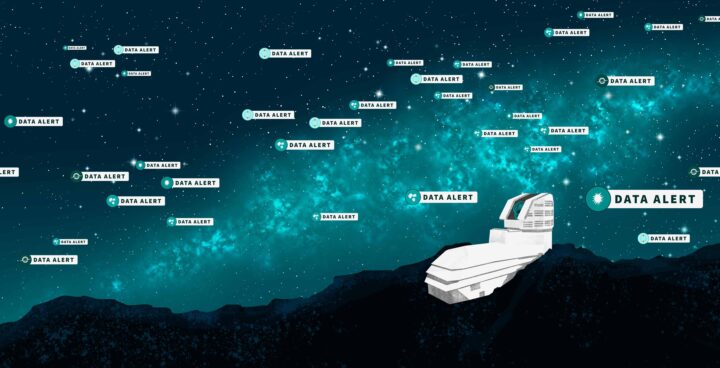 This artist’s illustration represents the start of the alert stream from NSF–DOE Vera C. Rubin Observatory. The summit facility is shown on a rocky ridge. The night sky features stars and the glittering band of the Milky Way Galaxy. The sky is populated with multiple alert “pings,” representing individual alerts from Rubin that something in the sky has changed in brightness or position. Different icons represent various types of alerts, including asteroids, supernovae, active galactic nuclei, and variable stars Credit: NSF–DOE Vera C. Rubin Observatory/NOIRLab/SLAC/AURA/P. Marenfeld/J. Pinto