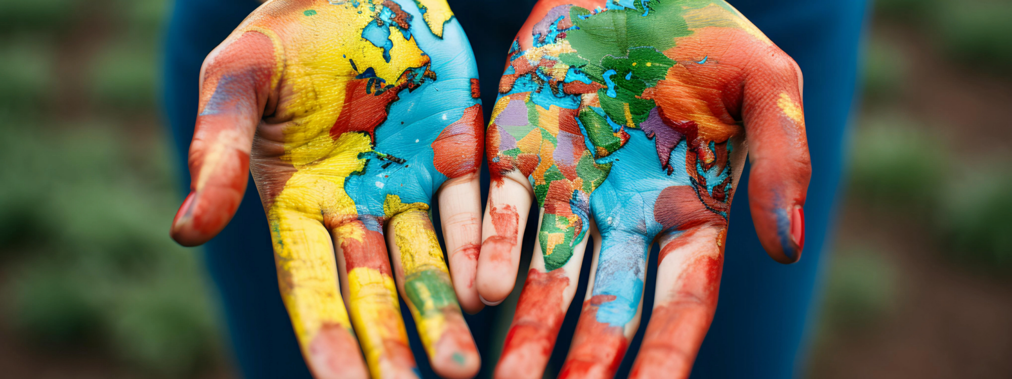 World map painted in child's hands.