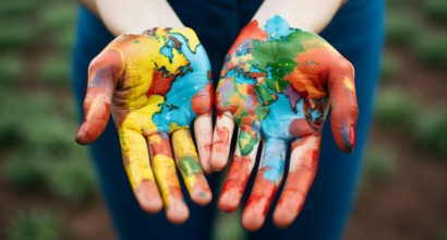 World map painted in child's hands.