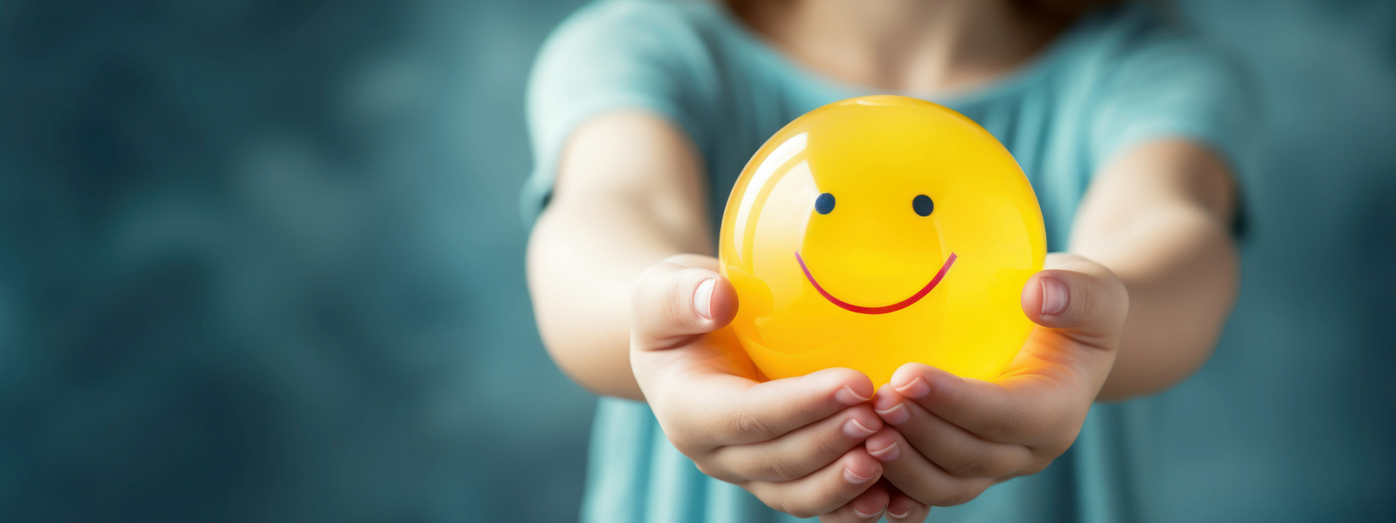 Woman holding a smiley face.