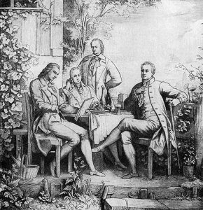 Friedrich Schiller, Wilhelm ja Alexander Humboldt sekä Johann Wolfgang von Goethe Jenassa, noin 1797. Wikimedia Commons.