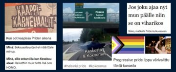 Kuvakollaasi LGBTQ+ -teemaisista meemeistä, joissa käytetään huumoria ja ironiaa käsittelemään seksuaalivähemmistöjen kokemuksia ja pride-kulttuuria. Kuvien sävy on leikittelevä ja itseironinen, ja ne ovat tyyliltään tyypillisiä Tumblr-alustan visuaalisille postauksille.