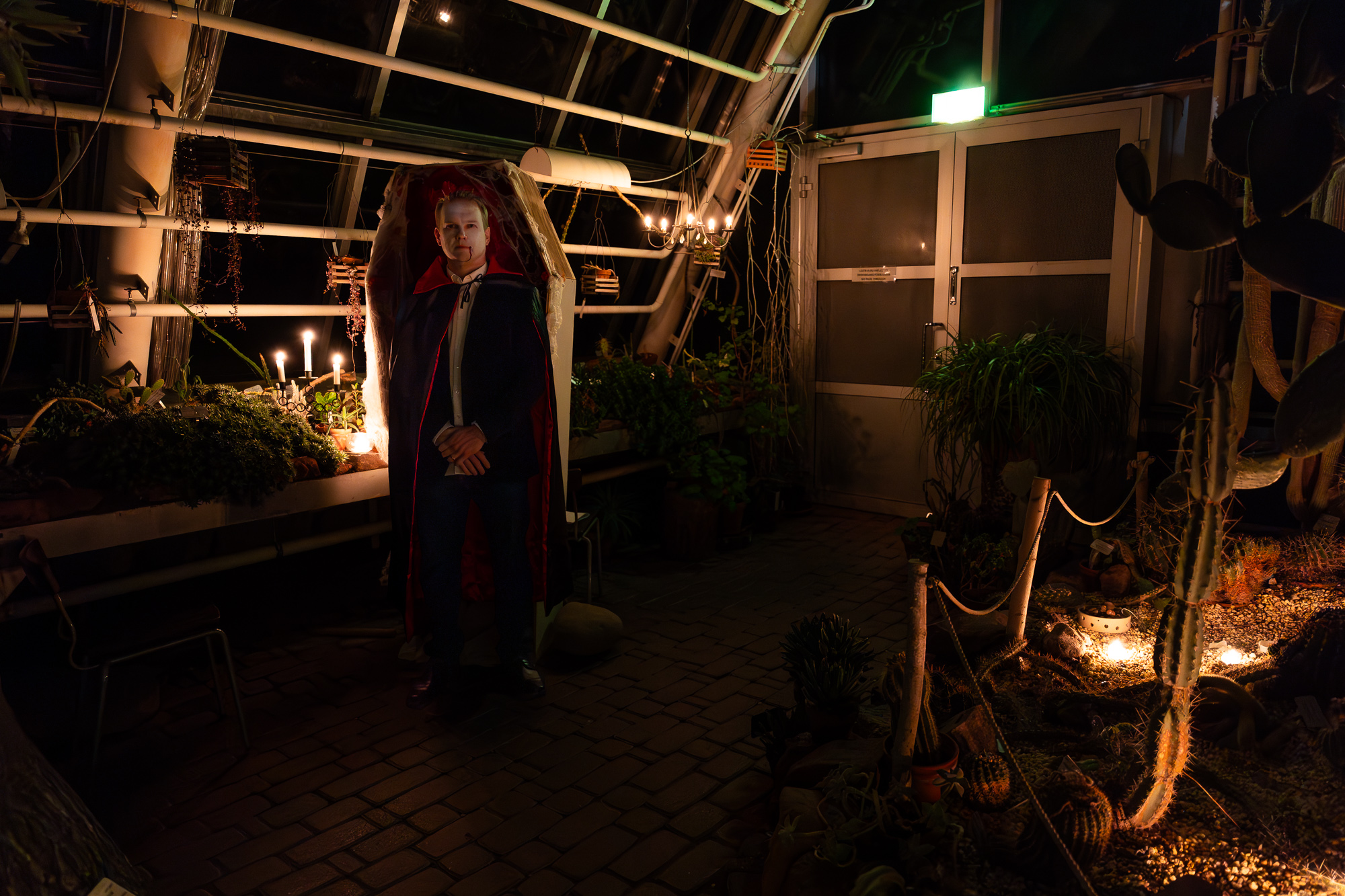 Draculaksi pukeutunut Tuomas Hovi arkun edessä kasvihuoneessa. 