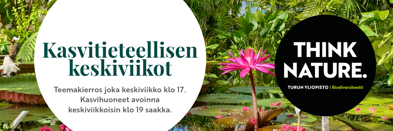 Keskiviikkokierrosten banneri jossa jättilummeallas ja THINK NATURE -teksti. 