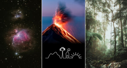 aikavaellus mainoskuva jossa tulivuori ja galaksi