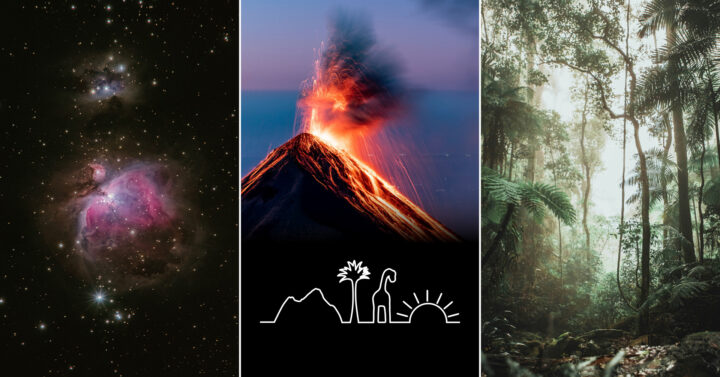 aikavaellus mainoskuva jossa tulivuori ja galaksi