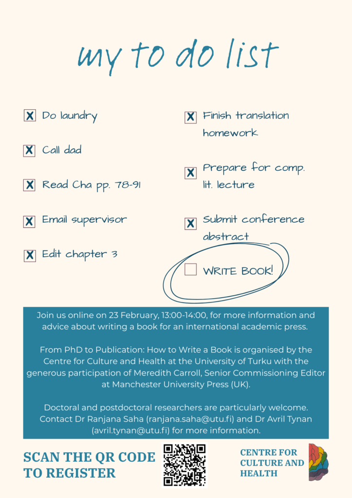 Mainos tilaisuudesta Kirjan kirjoittaminen: väitöskirjasta kirjaksi