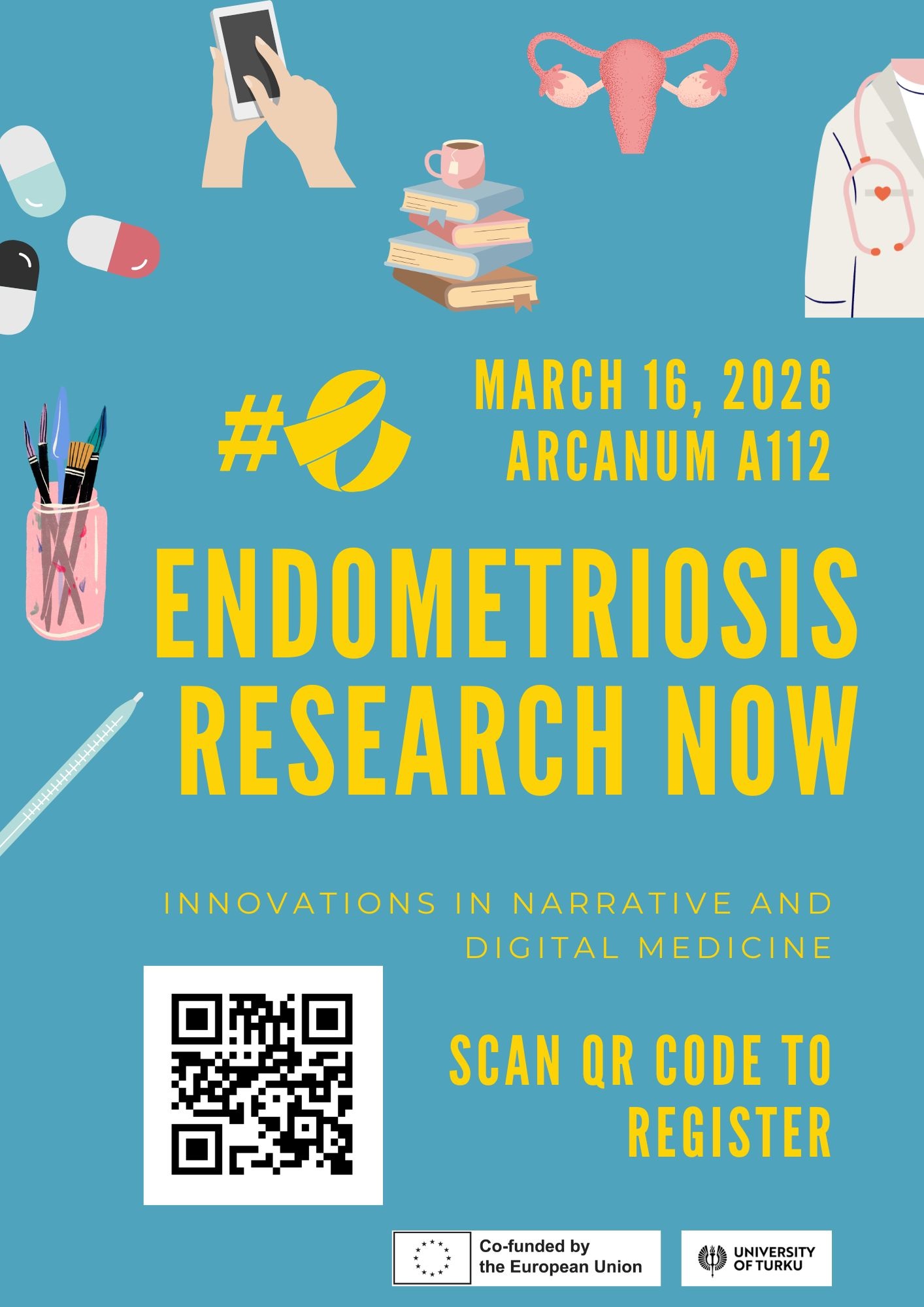 A poster for the event Endometriosis Research Now, including a QR code for registration.