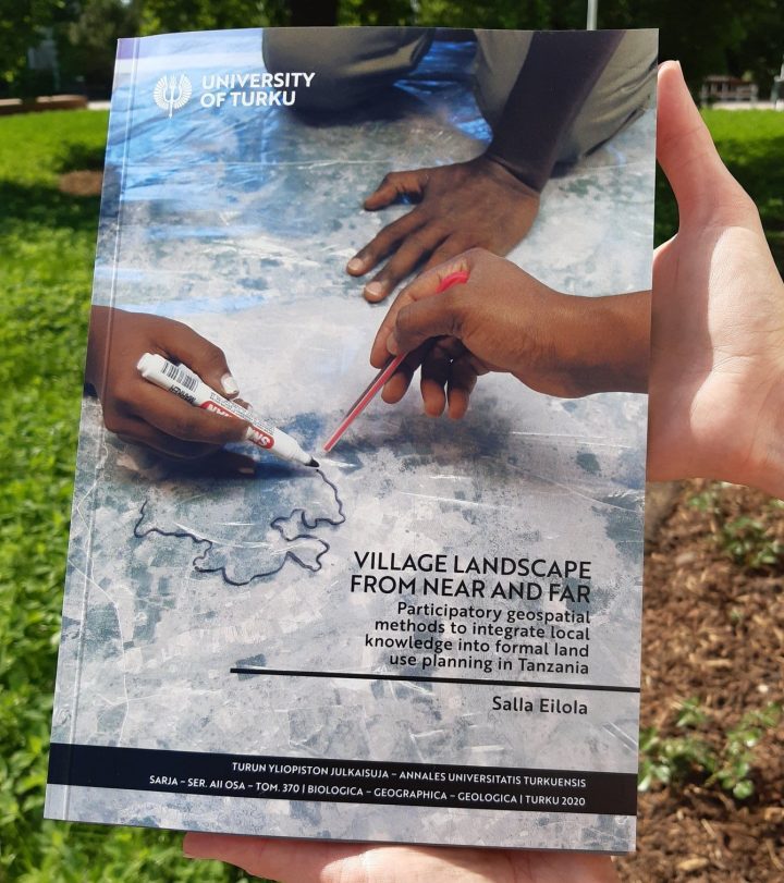 A photo of a release from Salla Eilola's research; Village Landscape from Near and Far, Participatory geospatial methods to integrate local knowledge into formal land use planning in Tanzania. University of Turku publication.
