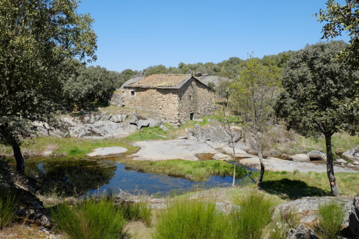 An old stone building and in the foreground a pond or a wider part of a stream where water has collected. Surrounded by trees, grassy green vegetation and rocks. The sun is shining from a cloudless sky.