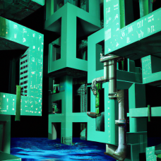 DALL·E 2023-06-12 14.21.44 - posthuman water city, escher style, green and blue, with water, digital art