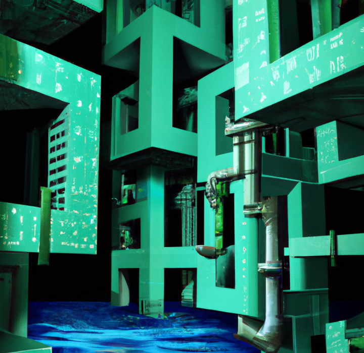 DALL·E 2023-06-12 14.21.44 - posthuman water city, escher style, green and blue, with water, digital art