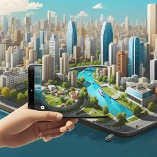 City with buildings and parks on a smartphone, digital art. Created by Leonardo.ai