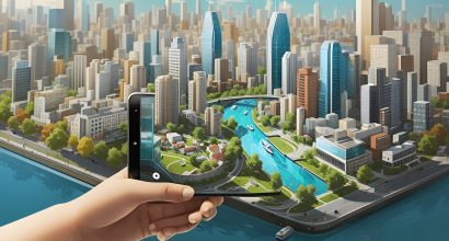 City with buildings and parks on a smartphone, digital art. Created by Leonardo.ai