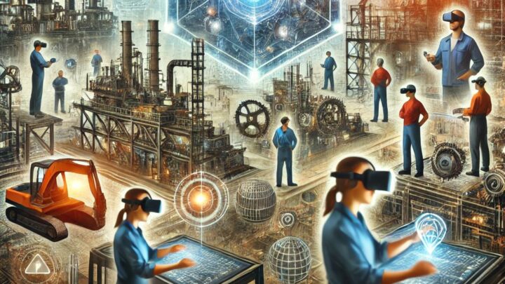 Tekoälyn luoma kuva teollisesta metaversumista. Kuvassa teollisia ja virtuaalisia elementtejä sekä henkilöitä virtuaalilasit päässään.