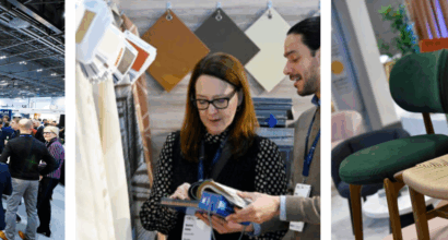 Ihmisiä sisustusalan messutapahtuman osastoilla sekä huonekaluja, kolmen kuvan kollaasi.