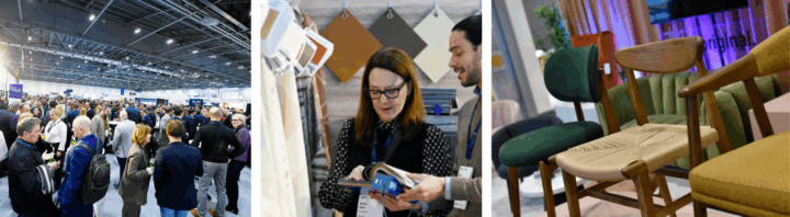 Ihmisiä sisustusalan messutapahtuman osastoilla sekä huonekaluja, kolmen kuvan kollaasi.