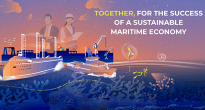 EUROMARITIME-messujen sinioranssi banneri, jossa teksitä ja tyyliteltyjä kuvistuskuvia laivoista