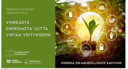 innovaatipajan mainoskuva: Vihreästä energiasta uutta virtaa yritykseen lukee vihreällä pohjalla.