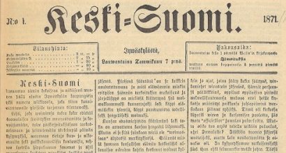 Sanomalehden Keski-Suomi etusivu vuodelta 1871. Kirjoitettu fraktuuralla.