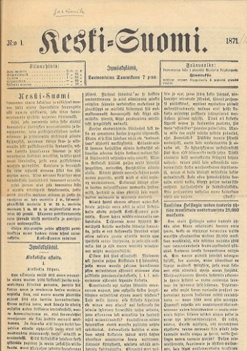 Sanomalehden Keski-Suomi etusivu vuodelta 1871. Kirjoitettu fraktuuralla.