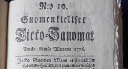 The front page of the newspaper Suomenkieliset Tieto-Sanomat from 1776. Text written in Fraktur lettering.