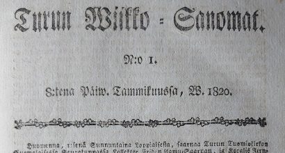 The front page of the newspaper Turun Wiikko-Sanomat from 1820. Text written in Fraktur lettering.