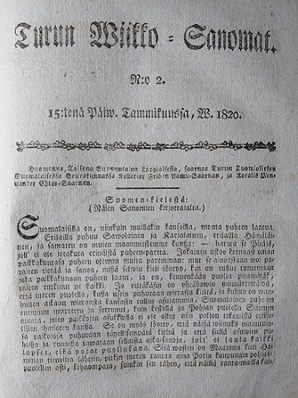 The front page of the newspaper Turun Wiikko-Sanomat from 1820. Text written in Fraktur lettering.