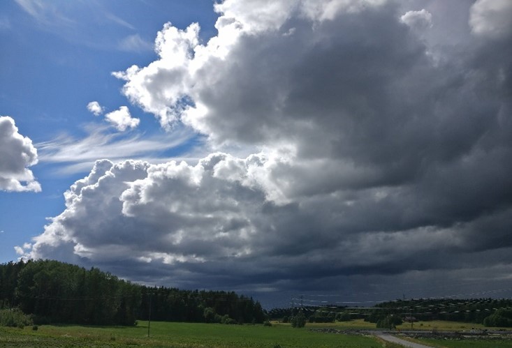 Maisema, jossa ylhäällä vasemmalla on kaistale pilvetöntä taivasta ja aurinko näkyy paistavan kuvan keskellä ja vasemmassa laidassa olevien tummien pilvien takaa. Alalaidassa on vihreää kasvustoa ja taivaanrannassa havumetsää.