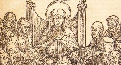 Pyhä Birgitta istuu valtaistuimella ja ojentaa sääntökirjansa birgittalaisnunnille ja veljille.