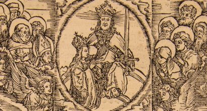 Mies istuu kruunu päässä ja miekka kädessä.