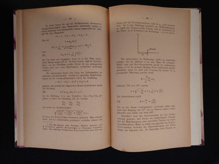 Aukeama teoksesta Die Grundlage der allgemeinen Relativitätstheorie, sivuilla tekstiä ja tekstin lomassa matemaattisia kaavoja.