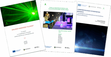 Kolme suorakaiteenmuotoista hankeraporttien kantta vierekkäin osin limittäin.