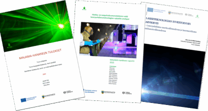 Kolme suorakaiteenmuotoista hankeraporttien kantta vierekkäin osin limittäin.