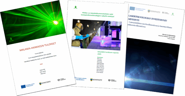 Kolme suorakaiteenmuotoista hankeraporttien kantta vierekkäin osin limittäin.