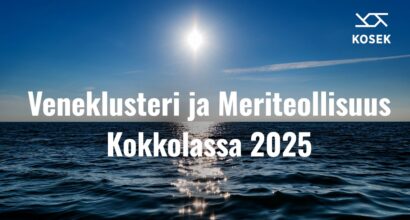Aurinkoinen aavan meren maisema päällä valkoisena teksinä keskellä Meriklusteri ja Meriteollisuus Kokkolassa 2025 ja oikeassa ylänurkassa KOSEKin logo
