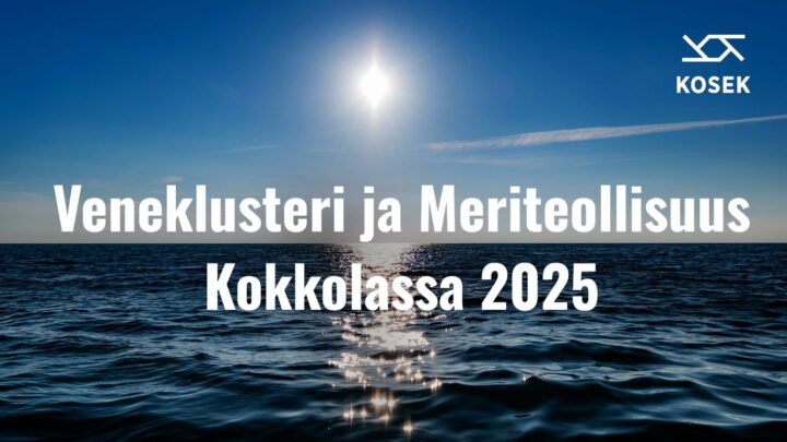 Aurinkoinen aavan meren maisema päällä valkoisena teksinä keskellä Meriklusteri ja Meriteollisuus Kokkolassa 2025 ja oikeassa ylänurkassa KOSEKin logo