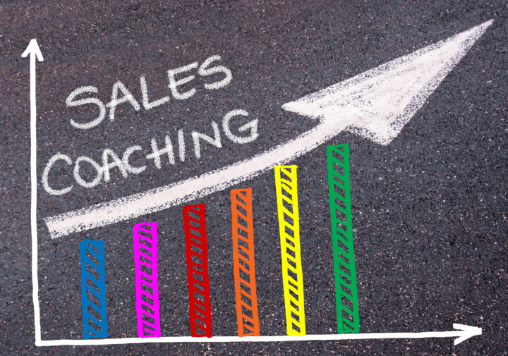 Sales coaching -teksti diagrammin yläpuolella olevan yöspäin suuntaavan nuolen päällä. Nuolen alla eri värisiä palkkeja.