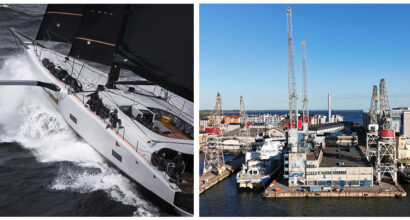 Kaksi kuvaa, joista toisessa valkoinen purjevene ja toisessa ilmakuva Helsingin telakasta, jossa nostureita ja laituriin kiinnittyneenä kaksi alusta. Kuvalähteet Tom van Oossanen ja Helsinki Shipyard