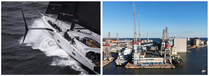 Kaksi kuvaa, joista toisessa valkoinen purjevene ja toisessa ilmakuva Helsingin telakasta, jossa nostureita ja laituriin kiinnittyneenä kaksi alusta. Kuvalähteet Tom van Oossanen ja Helsinki Shipyard