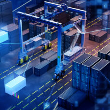 Modern logistics port. Digitalization cargo port. Logistics terminal with sea container. Unloading cargo containers at port. Virtual line near logistics terminal. Marine unloading terminal.. 3d image