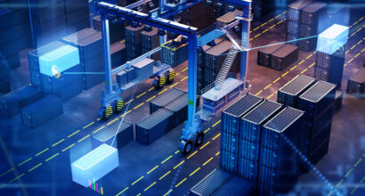 Modern logistics port. Digitalization cargo port. Logistics terminal with sea container. Unloading cargo containers at port. Virtual line near logistics terminal. Marine unloading terminal.. 3d image