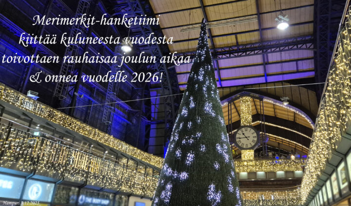 Kuva jouluvaloista ja valaistusta valokuusesta Hampurin rautatieasemalla 3.12.025 tekstillä Merimerkit-hanketiimi kiittää kuluneesta vuodesta toivottaen rauhaisaa joulun aikaa & onnea vuodelle 2026!