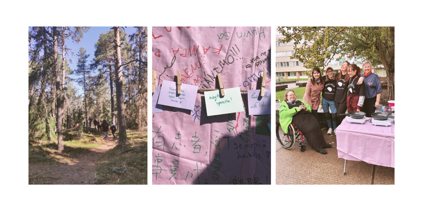 kollaasi, joka kuvaa tukiopiskelijatoimintaa. Ihmisiä retkellä, ryhmäkuva tukiopiskelijoista ja viestejä opiskelijoilta.