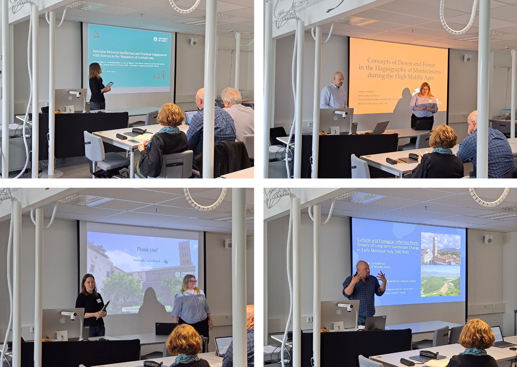 Four pictures of different people giving presentations, with slide shows behind them
