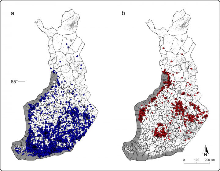 Puutiaisen (a) ja taigapunkin (b) levinneisyys Suomessa vuoden 2015 kansalaiskeräyksen perusteella