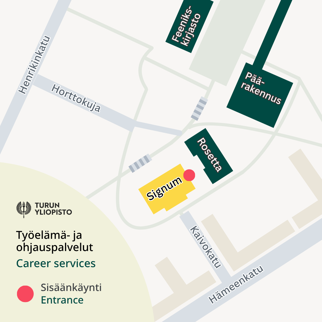 Signumin sijainti kartalla. Signumiin pääsee nousemalla rappuset ylös Kaivokadulta tai Koskenniemenkadulta. Ilman rappusia pääsee nousemalla Hämeenkadulta ylös Kiinanmyllynkadun päätä pitkin tai tulemalla Henrikinkadulta Horttokujaa pitkin.